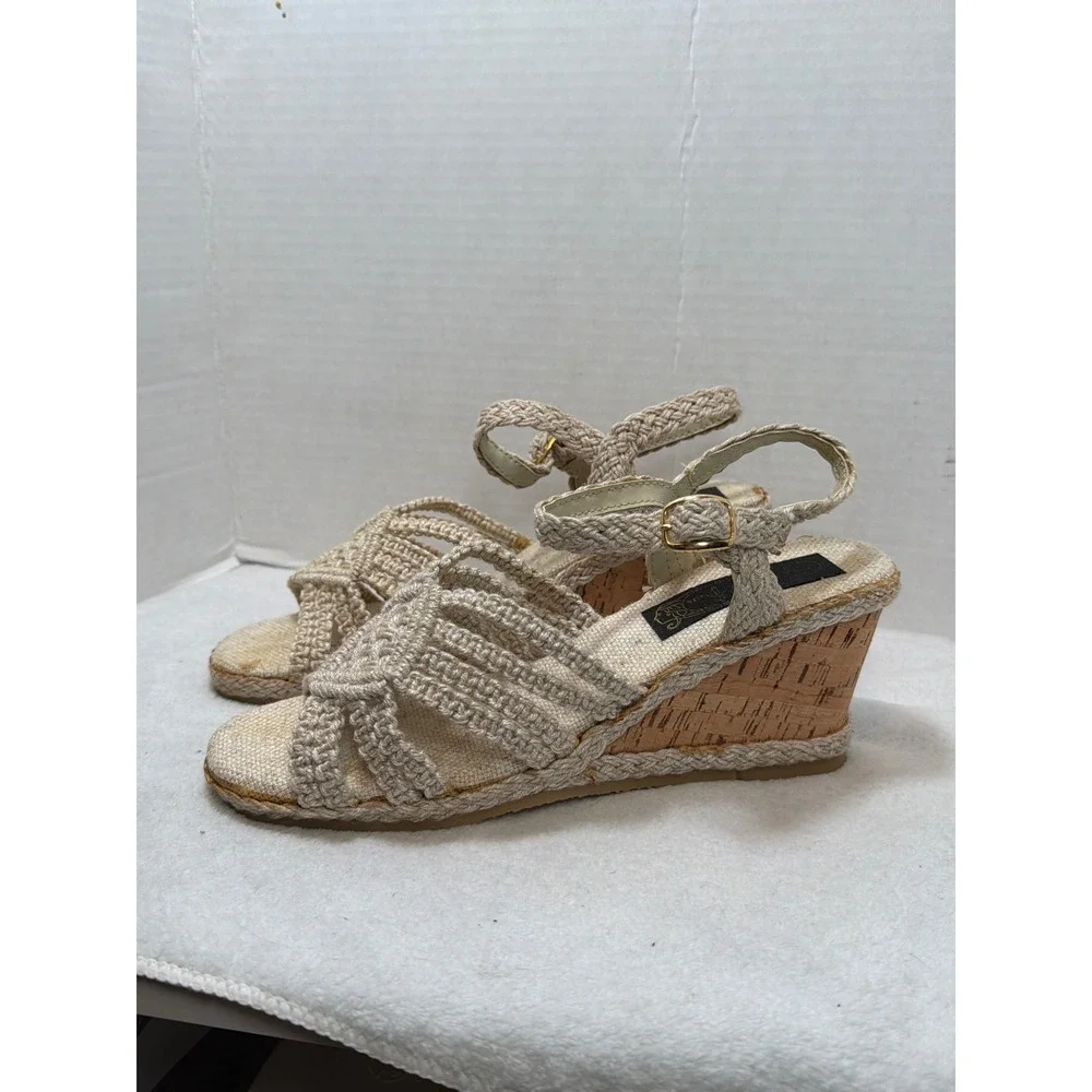VTG NOS Macrame Wedge Sandals Women Beige‎ Cork Heel Boho Strappy Woven Size 8